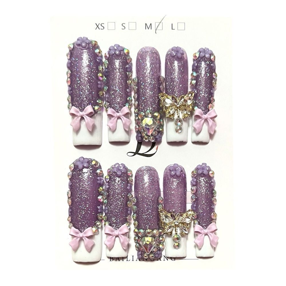 Stylish Handmade Purple White French Tip Gems Extra Long Press-On Nails Size M